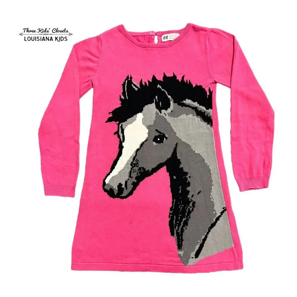 H&M Sz 122/128 (7-8Y) Pink Horse Sweater Dress